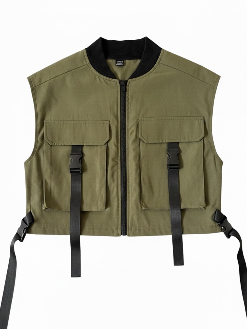 SHEIN Olive Green Utility Crop Vest with Black Trim